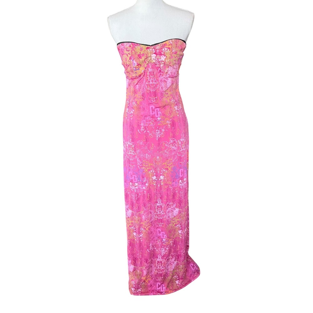 COOGI Womens‎ Pink Baroque Logo Print Strapless Maxi Dress Size L Made in USA